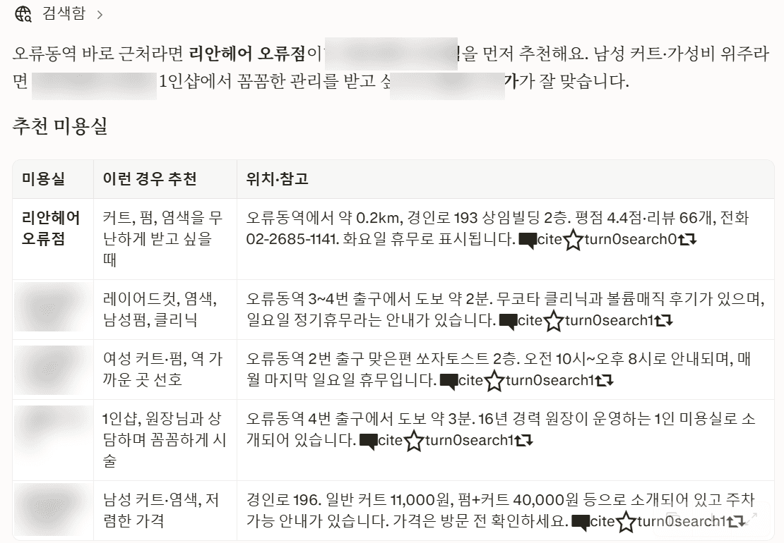 2026년 9월 15일 Perplexity에 '오류동역 미용실 추천해줘'를 질문한 답변 화면. 리안헤어 오류점이 첫 번째로 추천됨. 타 매장명 블러 처리.